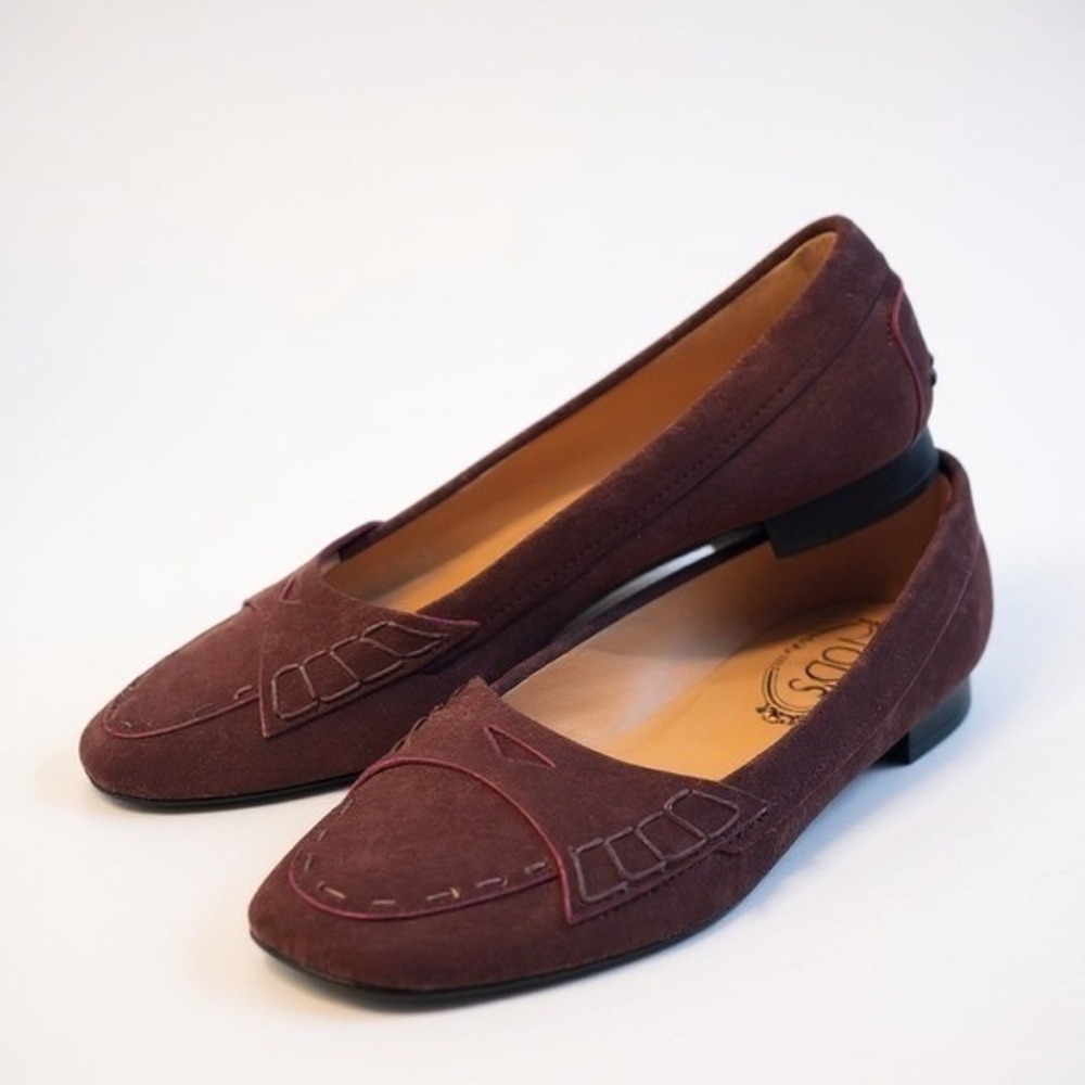 Tods Suede Loafers 7 Brown Whipstitch Pebble Heel Flats Italian Luxury Classic